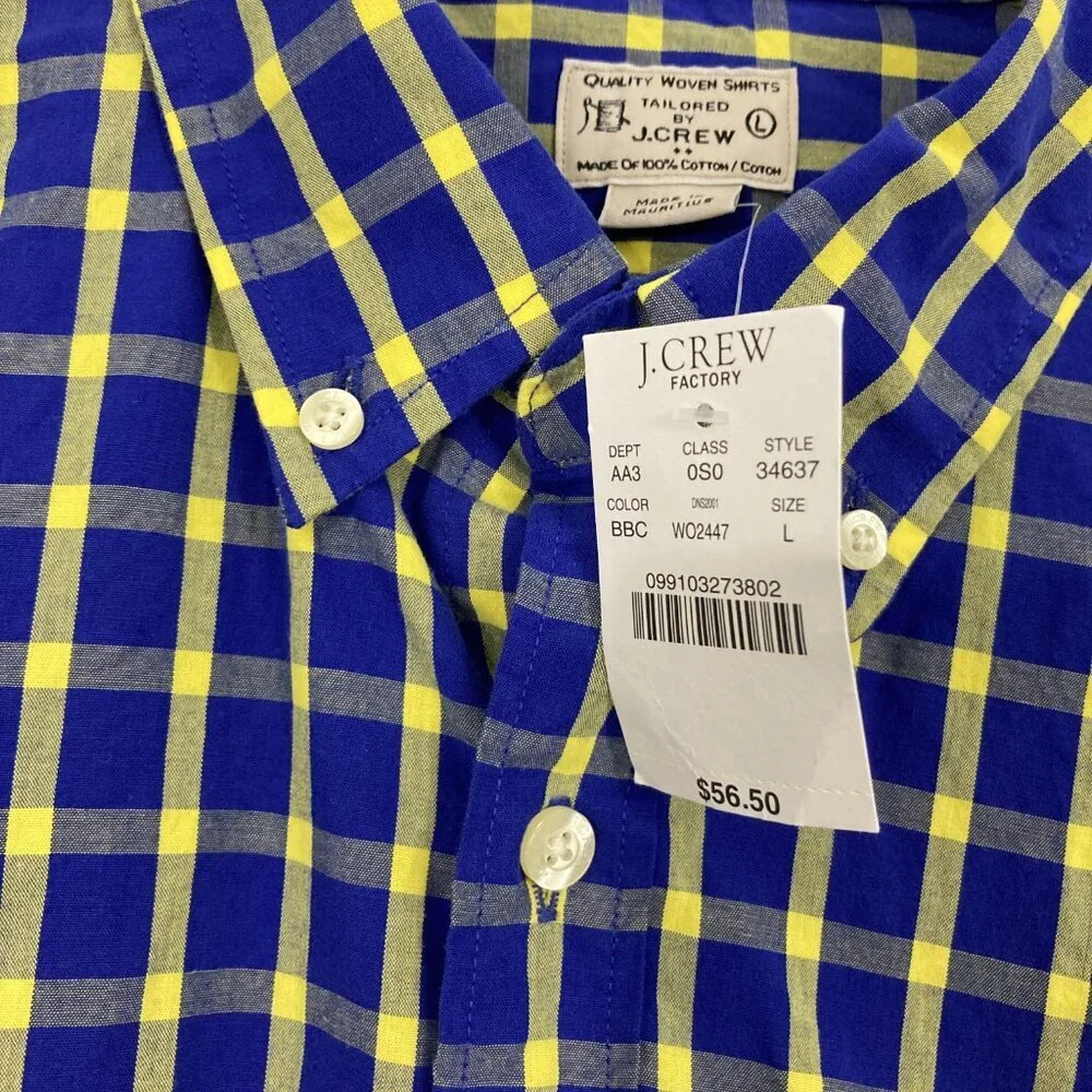 New J.Crew Men's Blue‎ Yellow Plaid Cotton Long Sleeve Button Down Large Office